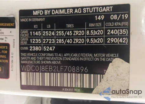 2020 Mercedes-Benz Glc 300 Coupe 4Matic z USA, uszkodzony, nr VIN WDC0J8EB2LF708896